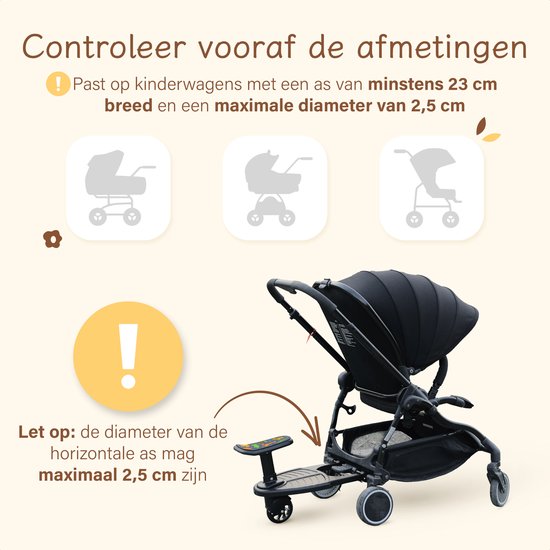 Safari meerijdplankje - Single Wheel - Voor Horizontale As minstens 23 cm - Diameter max. 2,5 cm - Zwart Kunststof & Metaal - Wendbaar & Universeel - Ideaal voor Peuters