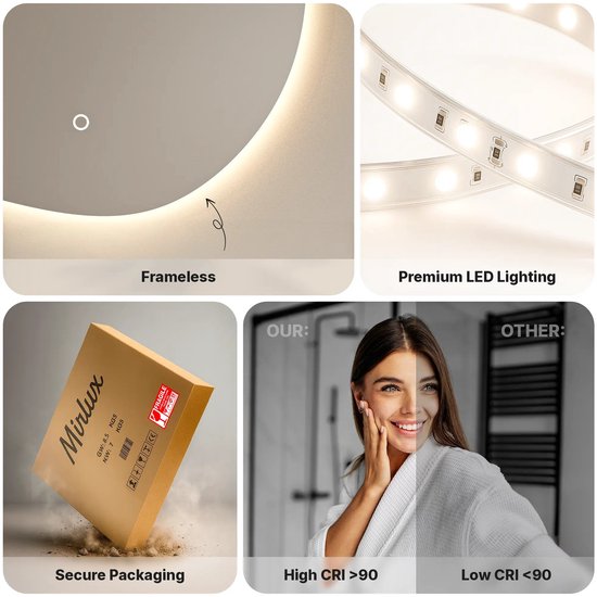 Mirlux Badkamerspiegel met LED Verlichting & Verwarming – Wandspiegel Asymmetrisch – Anti Condens Douchespiegel - 80CM