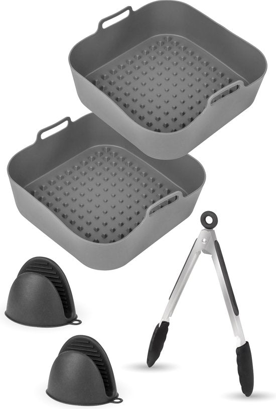 AoraKitchen Airfryer Bakjes Siliconen - 20cm - 5 Delig - Airfryer Accessoires - Incl. Wanten & Tang