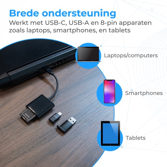 Nuvance SD Kaart Lezer - SD Kaartlezer USB C - Card Reader - Incl. Usb & 8-Pin Converters - Geheugenkaartlezer Micro SD - Zwart