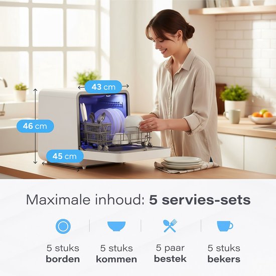 Skoov Mini Vaatwasser met waterreservoir - 3 couverts - 6 wasprogramma's - Extra stil - Kleine smalle vrijstaande afwasmachine - Camping - Wit