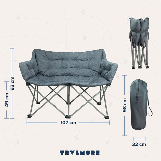 TRVLMORE Campingstoel - 2 Personen - Opvouwbaar - Incl. Draagtas - Kampeerstoel - 240 kg draagvermogen - Grijs