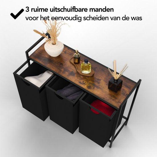 Brixy Wasmand 3 Vakken - Wassorteerder - Uitschuifbaar - Wasbox Metaal - 117L Inhoud - 90 x 33 x 70 cm - Zwart/Bruin