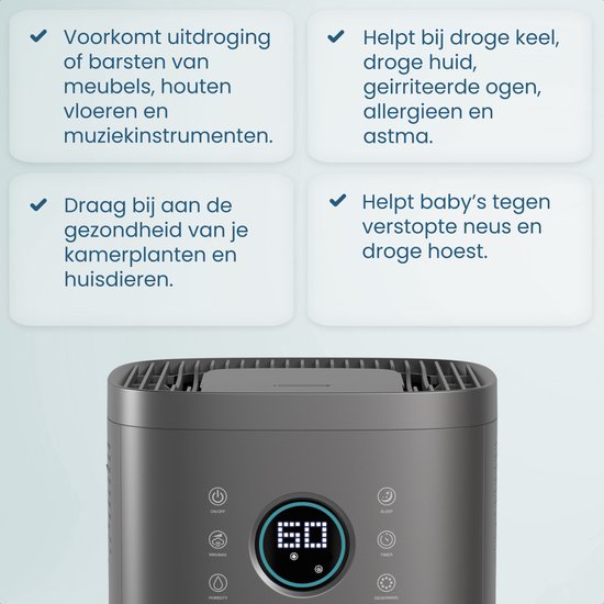 Auronic Luchtbevochtiger - 4 Liter - 40m2 - Geschikt voor Woonkamer, Kantoor, Slaapkamer, Babykamer en Meer - Met Aromatherapie - BPA-Vrij - Grijs