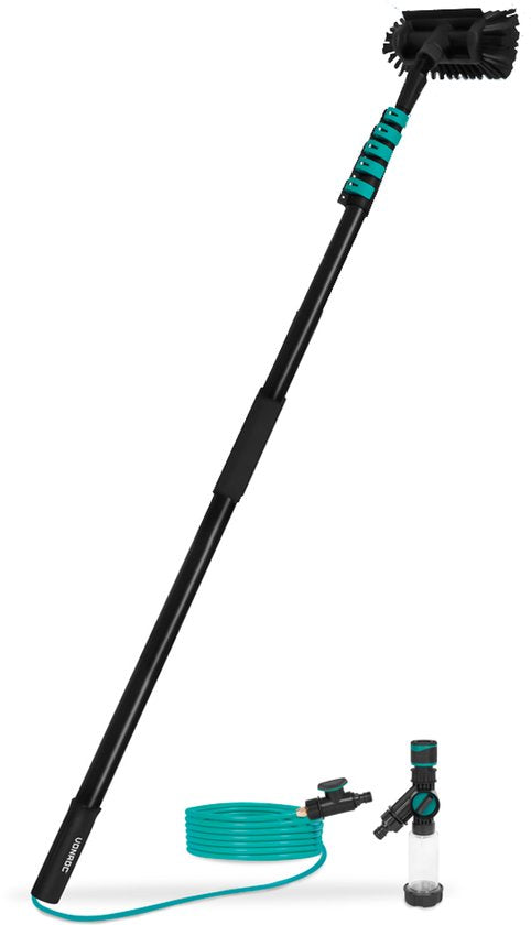 VONROC Hybride Telescopische Wasborstel – Aluminium/3K Full Carbon - 7,5 meter - Incl. 5-vlaks borstelkop, 11m waterslang en zeepdispenser