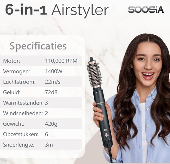 Soosia 6-in-1 Airstyler - Föhn & Krultang - Haardroger - Multistyler - Föhnborstel & Krulborstel - Hairwrap