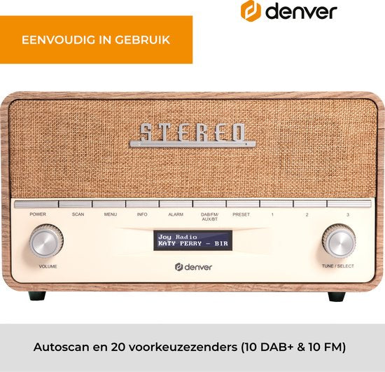 Denver - DAB Radio XL - Retro Radio - Bluetooth - DAB+/ FM - Batterijen & Netstroom - DAB36LW