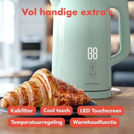 KitchenBrothers Waterkoker - 1.7L - Met Temperatuurregeling - Elektrisch - Warmhoudfunctie - Display - Dubbelwandig - Cool-touch - 2200W - Pastelgroen