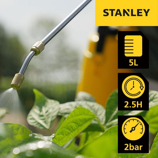 Stanley Druksproeier 5 L, drukspuit, sproeier tuin, elektrisch, heroplaadbare batterij lithium, telescopische lans, regelbare sproeikop, autonomie 2.5 h, max. 2 bar, 0.33 L/minuut, geel/zwart