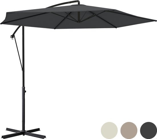 LifeGoods Zweefparasol - tot 8 Personen - Ø300cm - Waterdicht - met Hoes en Kruisvoet - Tuin of Strand - Donkergrijs