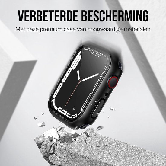 Hoesje geschikt voor Apple Watch Serie 7 / 8 / 9 - 45 mm Screen Protector - 2 Stuks - Full Cover Hard Case - Zwart - Podec