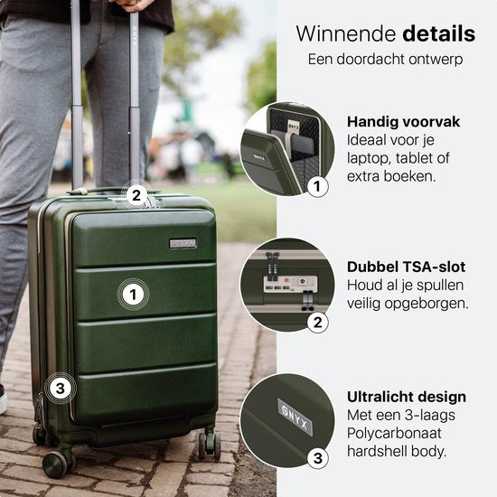 ONYX Handbagage Koffer 35 Liter - Spinner wielen - Lichtgewicht Trolley - Reiskoffer met Dubbel TSA Slot - Handig voorvak - 55 cm - Olive