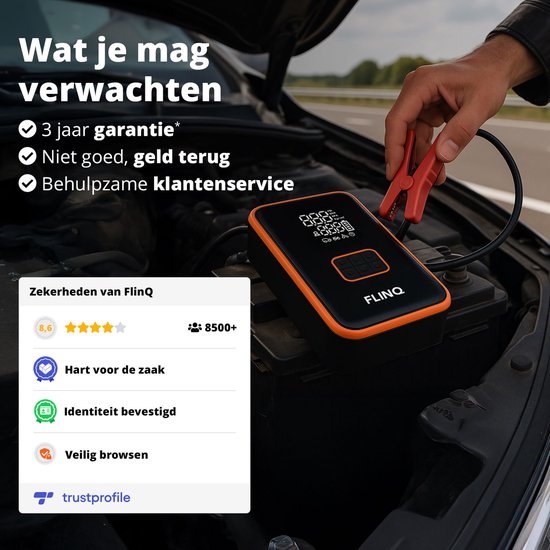 FlinQ 12V Jumpstarter voor Auto & Motor - 4-in-1 Luchtcompressor, LED Zaklamp, SOS Noodlicht & Powerbank - Elektrische Bandenpomp - Starthulp - Incl Opbergtas