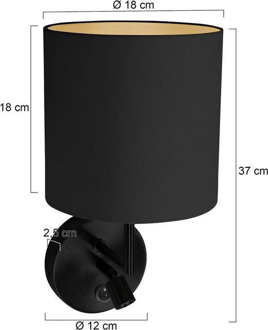 Wandlamp Noor 1562ZW - Verstelbaar met leeslampje, Goud/Zwart, Metaal/Textiel, Mexlite - Tijdloos Design voor Binnengebruik