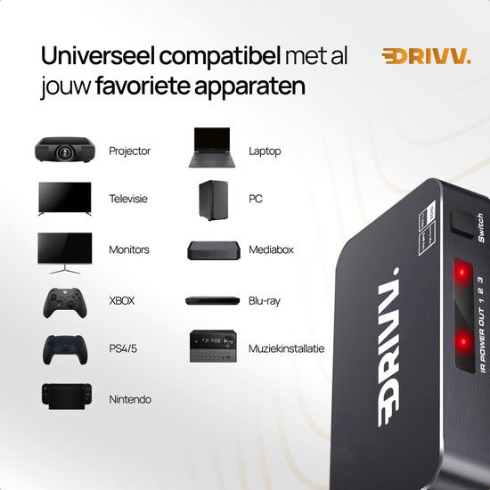 Drivv. HDMI Switch 4K 60Hz – 3 ingangen 1 uitgang - Incl Afstandsbediening - Automatisch Schakelen - 780/1080p/4K - Zwart