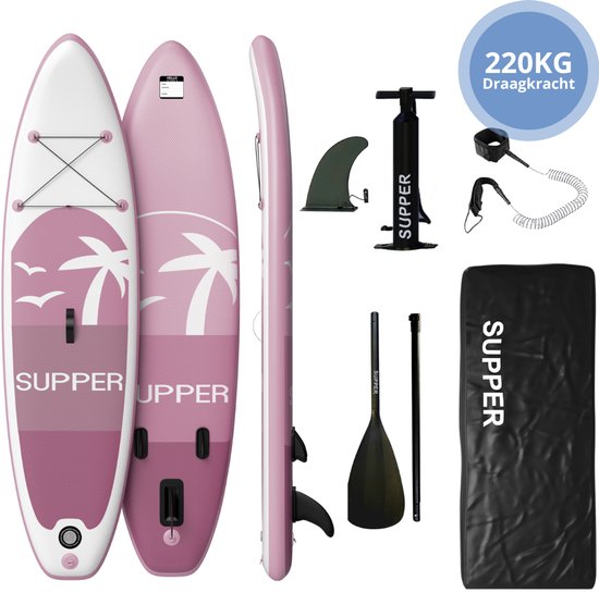 Supper Sup Board XL - Max. 220KG - Opblaasbaar – Paddle Board – Waterdicht Telefoonhoesje – Pomp – Vin – Leash – Draagtas – 335 x 81 cm - Roze