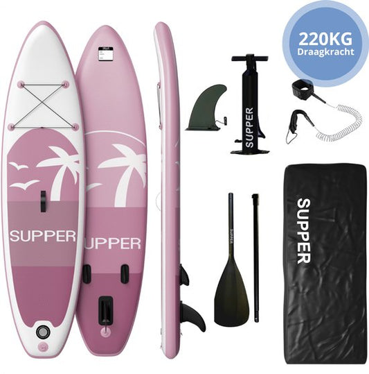 Supper Sup Board XL - Max. 220KG - Opblaasbaar – Paddle Board – Waterdicht Telefoonhoesje – Pomp – Vin – Leash – Draagtas – 335 x 81 cm - Roze