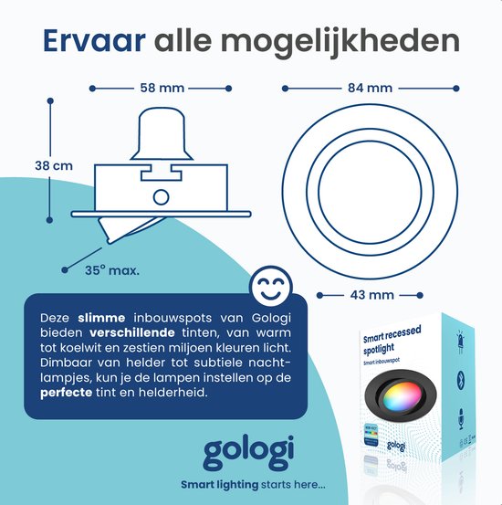 Gologi Slimme Inbouwspots - Smart LED Downlight Dimbaar - Kantelbaar - RGB+CCT Licht - Gu10 LED Lamp - Zwart