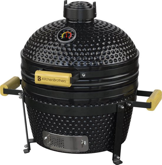 KitchenBrothers Kamado BBQ - 16 Inch Houtskool Barbecue - 34⌀ cm - Deluxe Set - Egg BBQ met Accessoires - Zwart