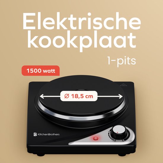KitchenBrothers Elektrische Kookplaat - 1 Pits - Vrijstaand - 7 temperatuurstanden - 1500W - Zwart