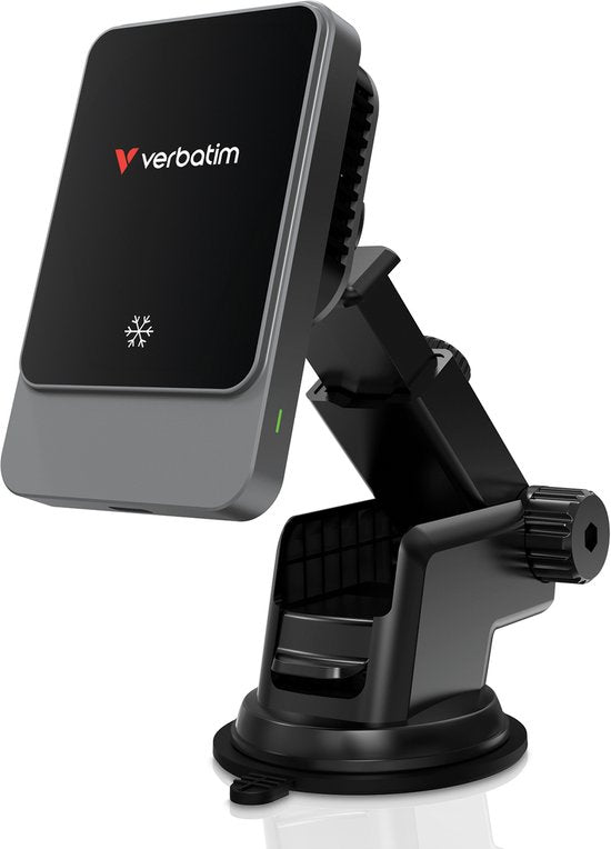Verbatim – Charge 'n' Drive Magnetische Draadloze Auto Oplader – CND-03 – 15 W Qi Snel Laden – Voorzien Van Ice-Cooling Systeem En RGB Verlichting En 360 Graden Draaifunctie – Voor Dashboard En Ventilatierooster – Zwart Metaal En Kunststof