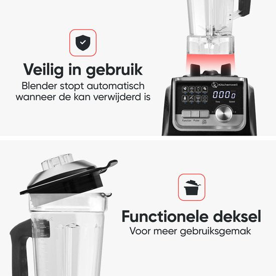 Kitchenwell Power Blender – 2000W – 2L – Smoothie Maker & IJscrusher – 9 Standen – RVS/Zwart