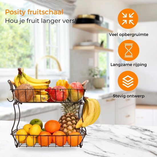 Posity Fruitschaal 2 Laags - Fruitmand - Fruit Etagere - Groentemand - Draadmand - Met bananenhouder - Hout & Metaal - Zwart