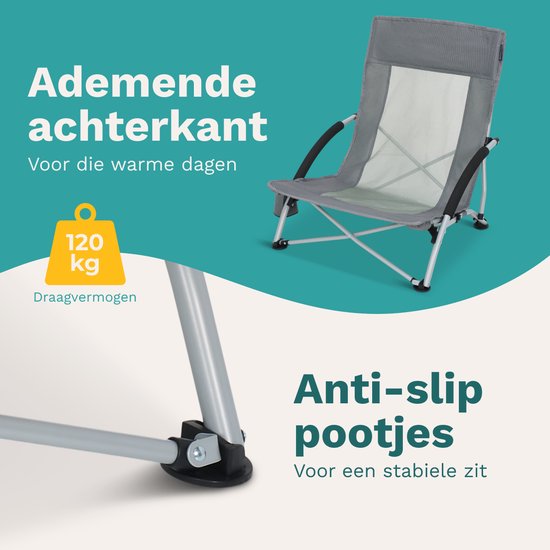 TRVLMORE Strandstoelen - Set van 2 - Inklapbaar en Opvouwbaar - 120KG Draagkracht - Lichtgewicht - Met Draagtas en Bekerhouder - Grijs