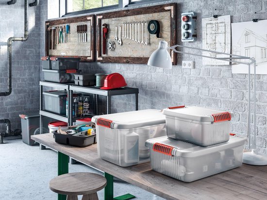 Kis K Latch Box L - Opbergbox met Deksel - 43L - 59x39x28 - Transparant/Oranje clips