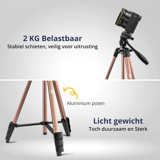 Studio ME Telefoon Statief - 136 cm - Tripod Smartphone - Rosegoud - Camera Statief - Telefoonhouder - Incl. Bluetooth Afstandsbediening - Statief Telefoon