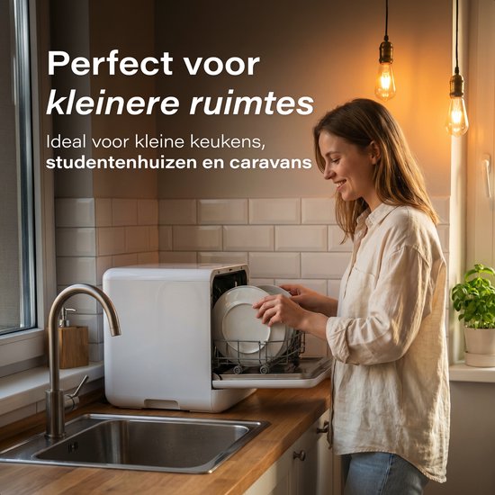 Skoov Mini Vaatwasser met waterreservoir - 3 couverts - 6 wasprogramma's - Extra stil - Kleine smalle vrijstaande afwasmachine - Camping - Wit