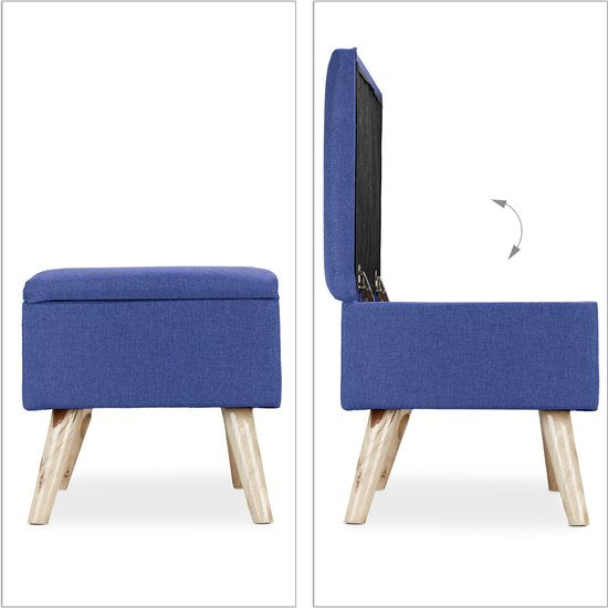 zitbank met opbergruimte - 39,5 x 79,5 x 39,5 cm - kussen - houten poten - halbank - blauw