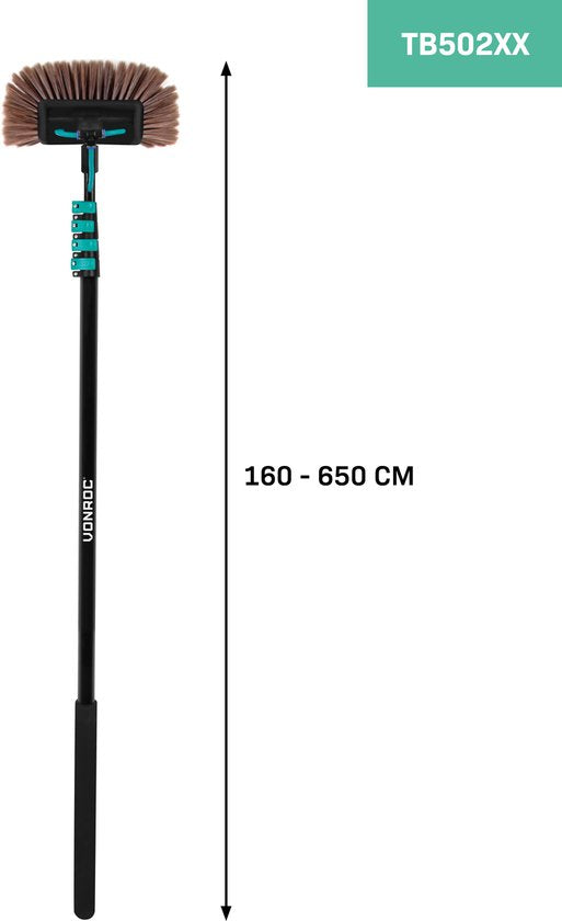VONROC Telescopische wasborstel – 6,50m - Incl. Borstelkop, raamreiniger, waterslang en zeepdispenser