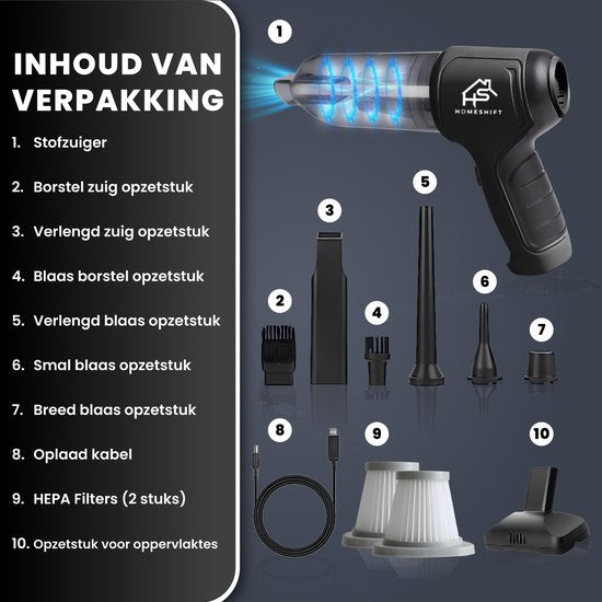 HomeShift® Auto Stofzuiger Draadloos V2 - Kruimelzuiger - Handstofzuiger - Kleine Stofzuiger - Draadloze stofzuiger - Air Duster - Nat & Droog - Zwart
