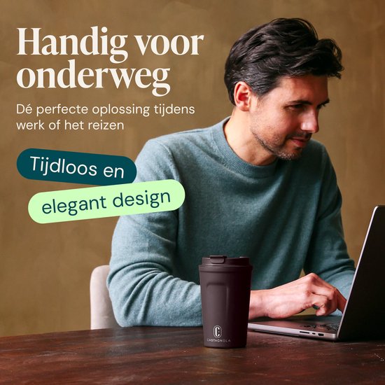 Castagnola Thermosbeker - Koffiebeker To Go - Travel Mug voor Koffie en Thee - Theebeker - 380 ML - RVS - Donkerbruin