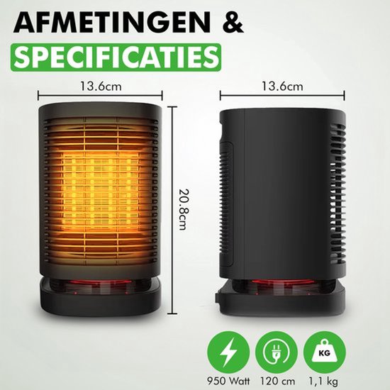 Travelhawk Elektrische Verwarming - Keramische Kachel - 3 Standen - 950W Heater - Elektrische Kachel met LED Indicatie - Roterend - Zwart