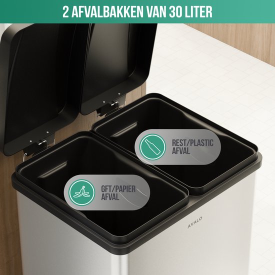 Avalo - Afvalscheiding Prullenbak met 2 vakken - 60 Liter - RVS - Zilver - 71x47x36 CM