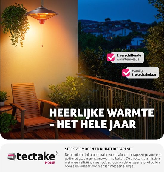 tectake® - Hangende infraroodstraler - plafondverwarmer - infraroodstraler voor buiten en binnen - elektrische verwarming - plafondverwarmer voor terras