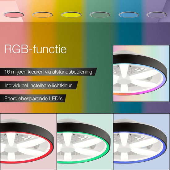 Brilliant Gaiano - Plafondventilator - Met verlichting - Ø 48 cm - LED 48W - Wit en RGB kleuren - Dimbaar - Timer - CCT - Zwart - Zeer stil