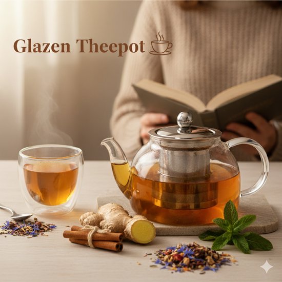 Vaja® Glazen Theepot met RVS Filter - 1.4 Liter - Thee Infuser - Voor Losse Thee / Theebloemen - Kerst Cadeau - Borosilicaat Glas Anti-druppel tuit