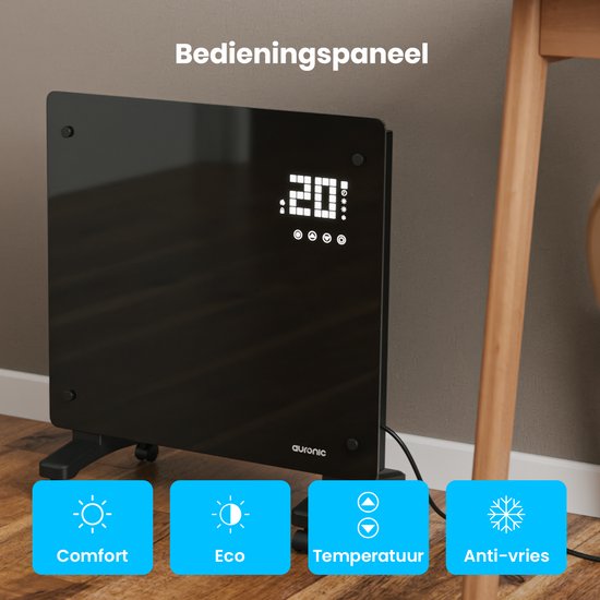 Auronic Elektrische Kachel – Convectorkachel Met Thermostaat en Afstandsbediening - Glazen Paneelverwarming - 1000W Heater - Zwart