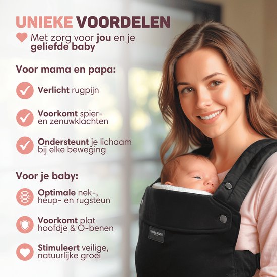 Vulpes Goods® BabyCare - Draagzak – Ergonomische Baby Draagzak 0-36 mnd – Luxe Buikdrager tot 20 kg – OEKO-TEX® Katoen – Handsfree Comfort - Met Rugsteun & M-Positie - Zwart