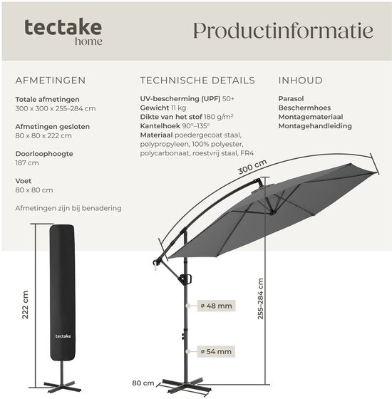 tectake® Zweefparasol met Voet - 3 x 3 m - Tuinparasol - Draaibaar - Waterafstotend Polyester met UV-Bescherming - Inclusief Hoes - Grijs