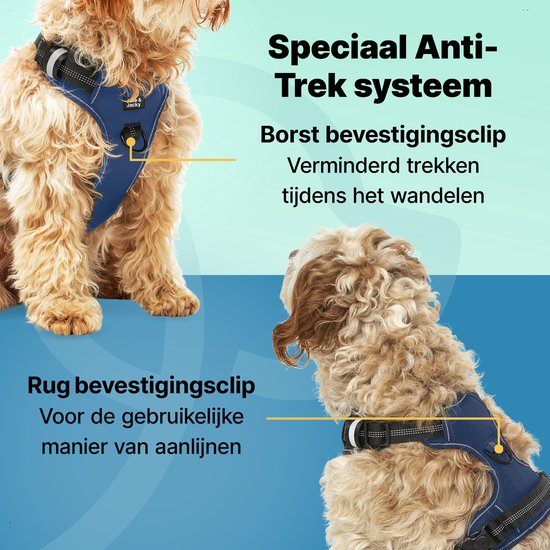 Jake and Jacky Hondentuigje - Anti-Trek Tuig - Hondenharnas - Y Tuig Hond - Reflecterend - Blauw - Maat M