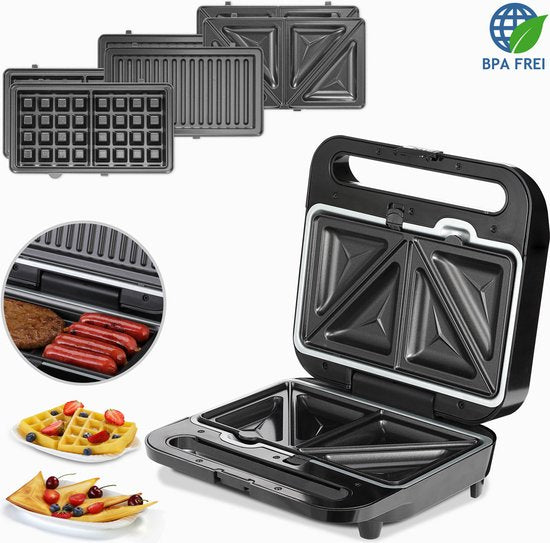 Monzana Sandwich Tosti Apparaat - 3 in 1 Afneembare Platen - Zwart