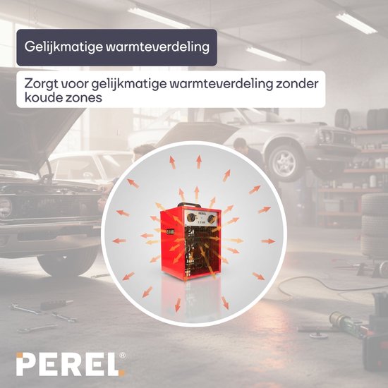 Perel Elektrische ventilatorkachel 3300W, 2 warmtestanden, thermostaat en koelstand, IP24, met oververhittingsbeveiliging, compacte draagbare heater voor werkplaats, garage, hobbyruimte