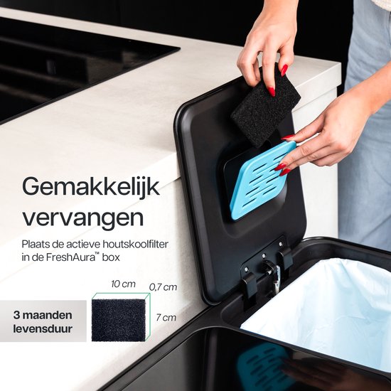 Deleca Recycle Prullenbak - 2 Vakken - 60 Liter (2x30) Afvalbak - FreshAura Geurbestrijding - Slow Close - RVS Zwart