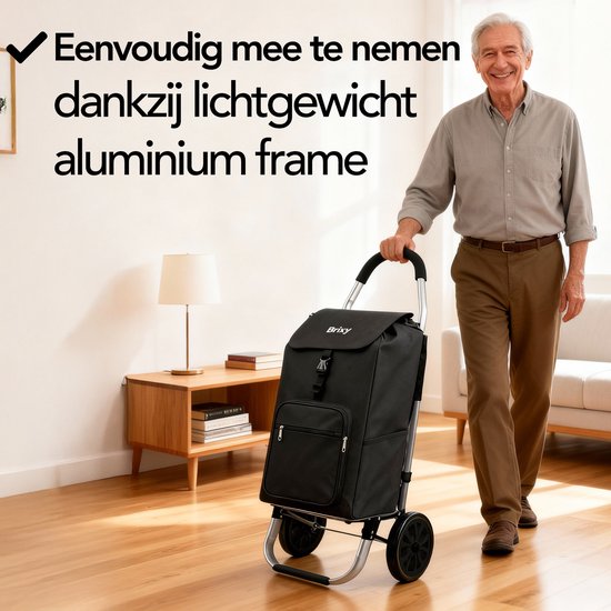 Brixy Boodschappentrolley - Opvouwbaar - Met Wielen - Afneembare Boodschappentas - Boodschappenwagen - Zwart