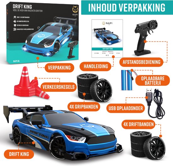 NAPI Bestuurbare RC Auto - Drift Car met 2 Accu’s, LED & Accessoires - 15 km/h - Buitenspeelgoed - Race Autos voor Jongens & Volwassenen - Buiten Speelgoed - Speelgoedauto Radiografisch - Drift King