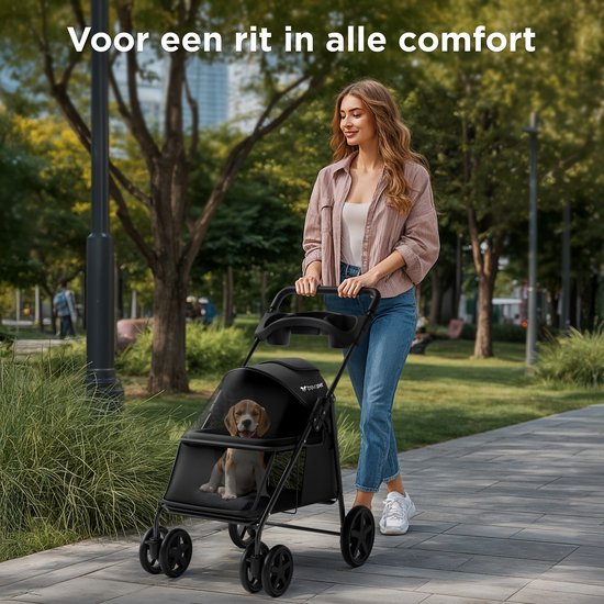 Trevopet® Hondenbuggy Inklapbaar - Wandelwagen - Buggy voor Kleine en Middelgrote Honden tot 15 kg - Waterafstotend met Bekerhouder - Zwart